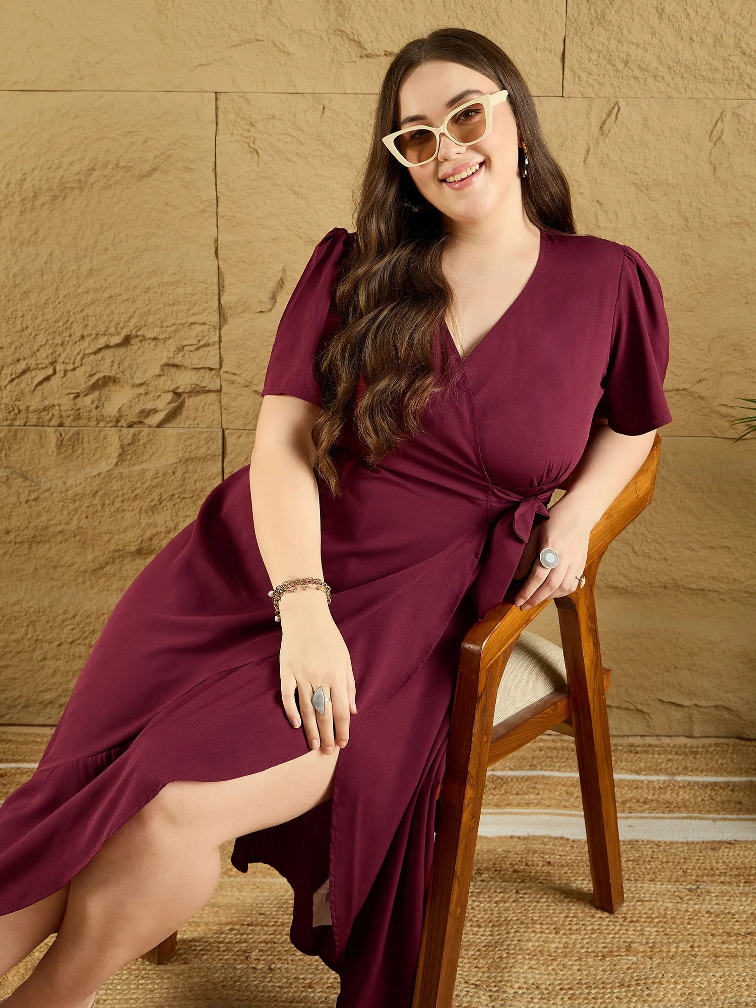 Berrylush Curve Women Solid Maroon V-Neck Flared Sleeves Tie-Up Waist Asymmetrical Hem Wrap Ruffled Maxi Dress