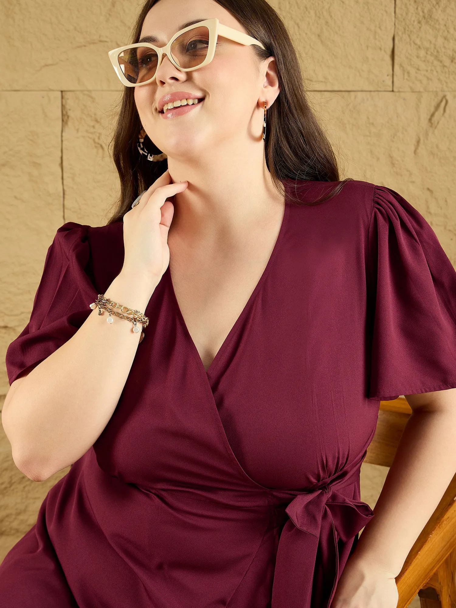 Berrylush Curve Women Solid Maroon V-Neck Flared Sleeves Tie-Up Waist Asymmetrical Hem Wrap Ruffled Maxi Dress