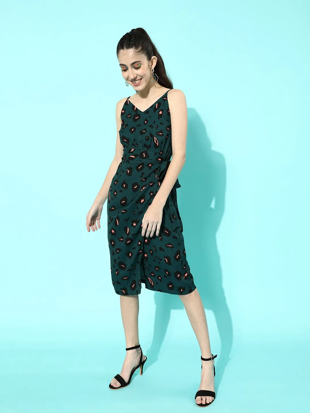 Berrylush Women Green Animal Printed V-Neck Crepe Wrap Midi Dress
