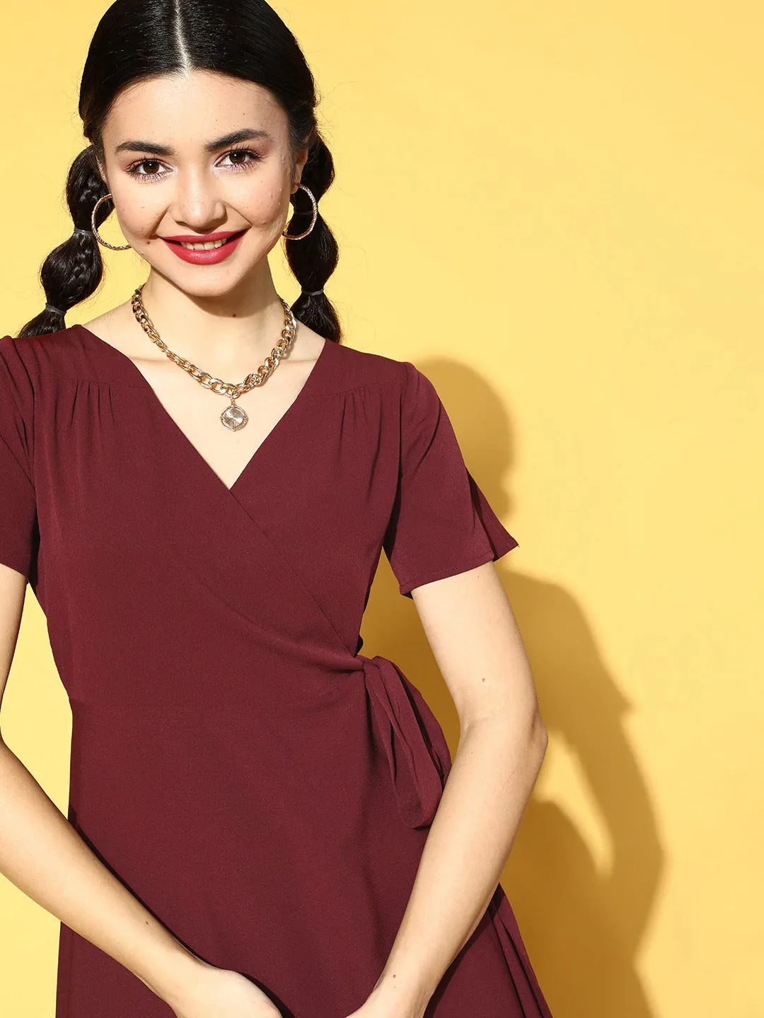Berrylush Women Solid Maroon V-Neck Slit Sleeve Waist Tie-Up Flared Wrap Midi Dress