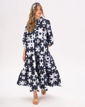 Big Floral Tiered Cotton Belted Maxi Shirtdress