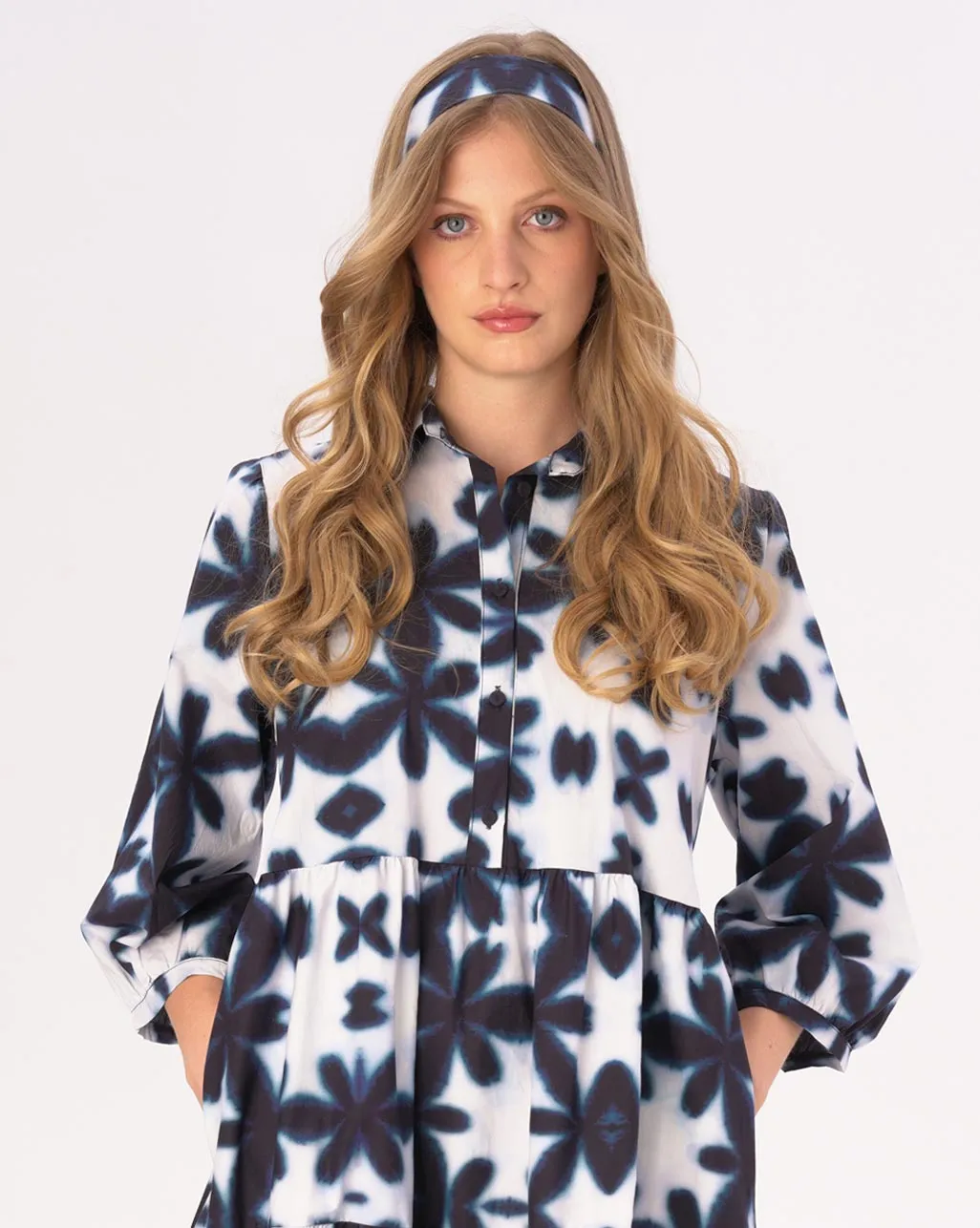 Big Floral Tiered Cotton Belted Maxi Shirtdress