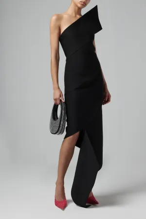 Black Asymmetric Wrap Midi Dress