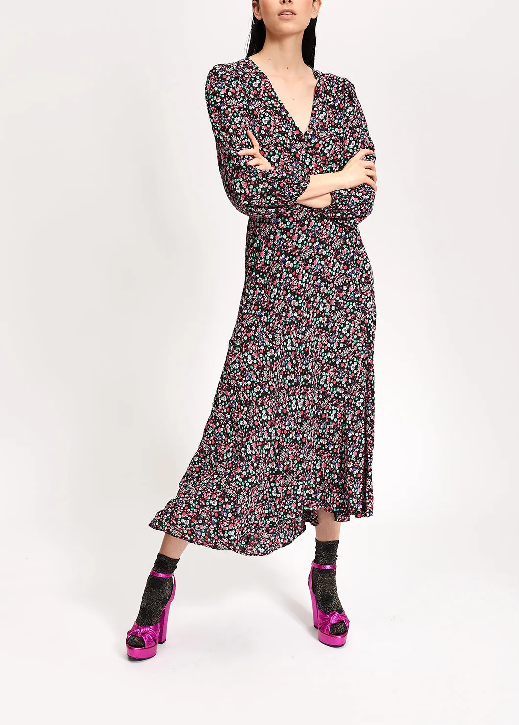 Black floral-print wrap maxi dress