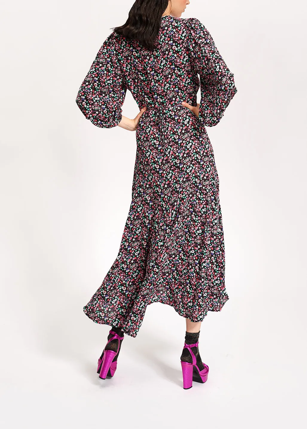 Black floral-print wrap maxi dress