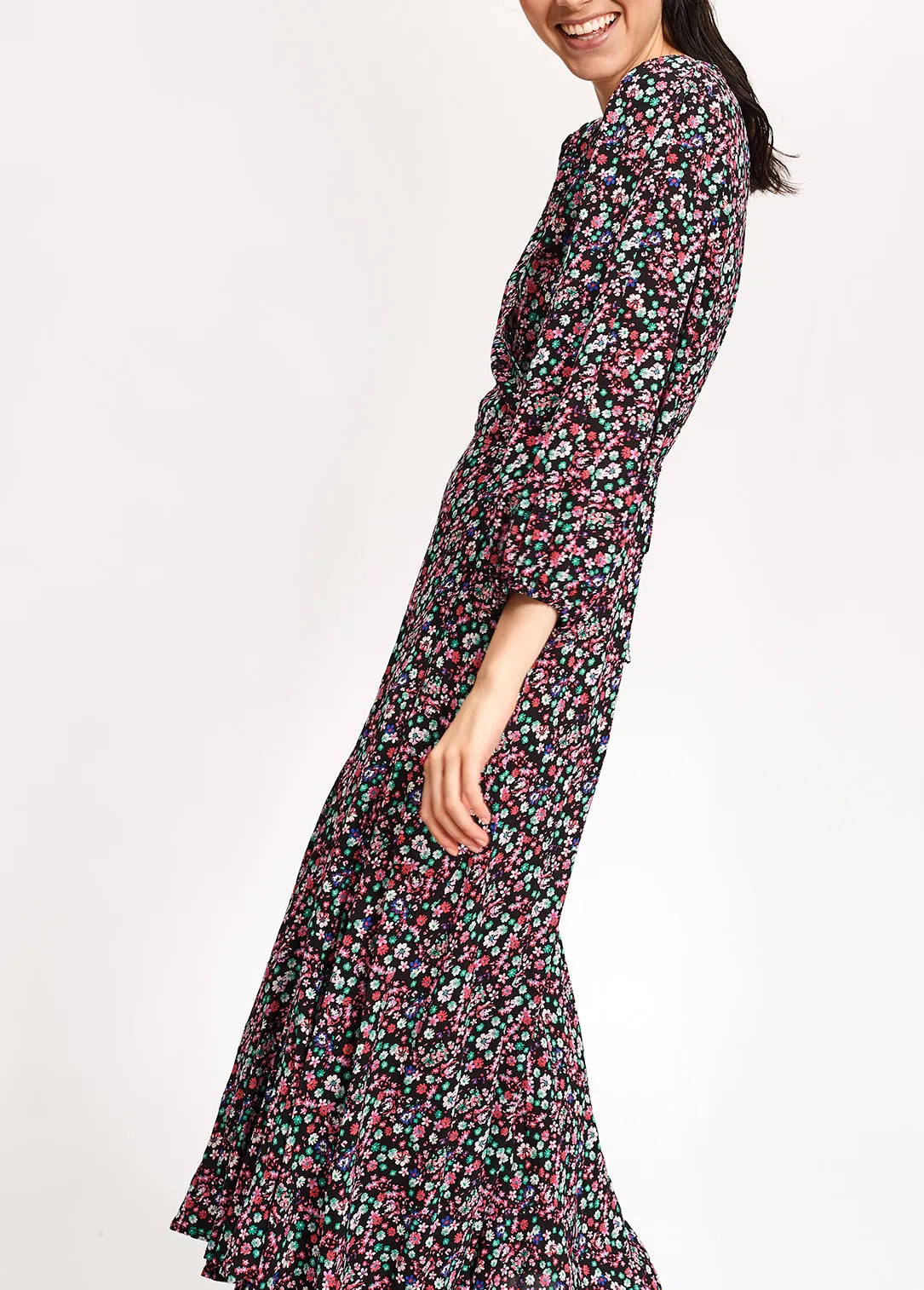 Black floral-print wrap maxi dress