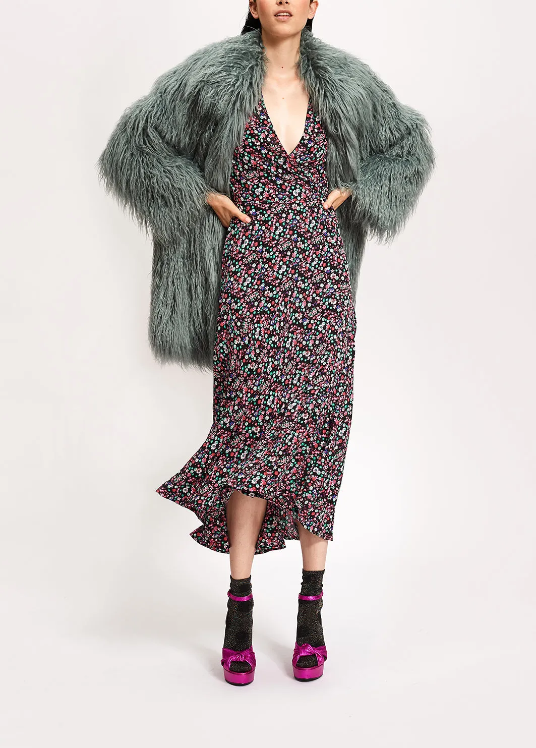 Black floral-print wrap maxi dress