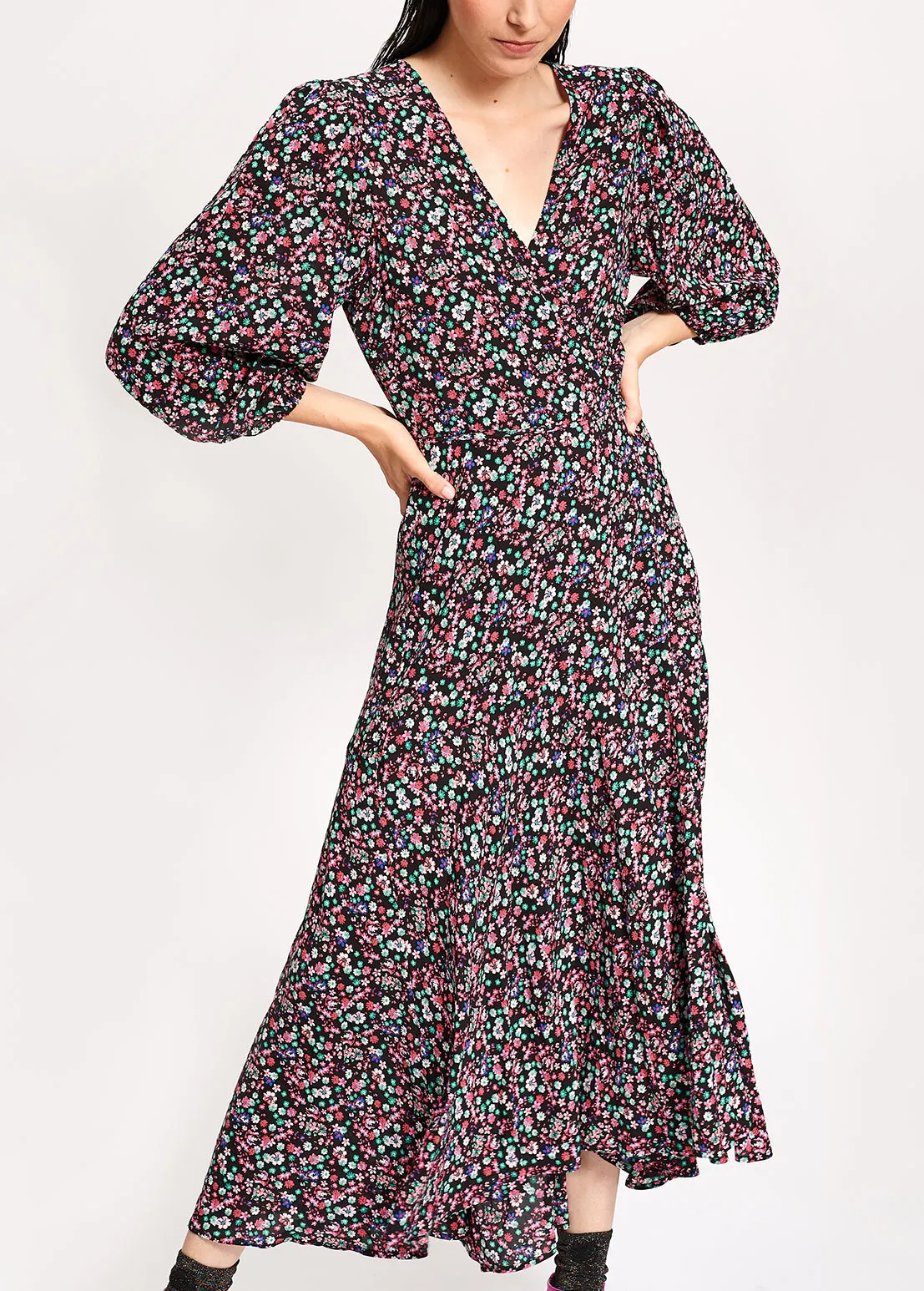 Black floral-print wrap maxi dress