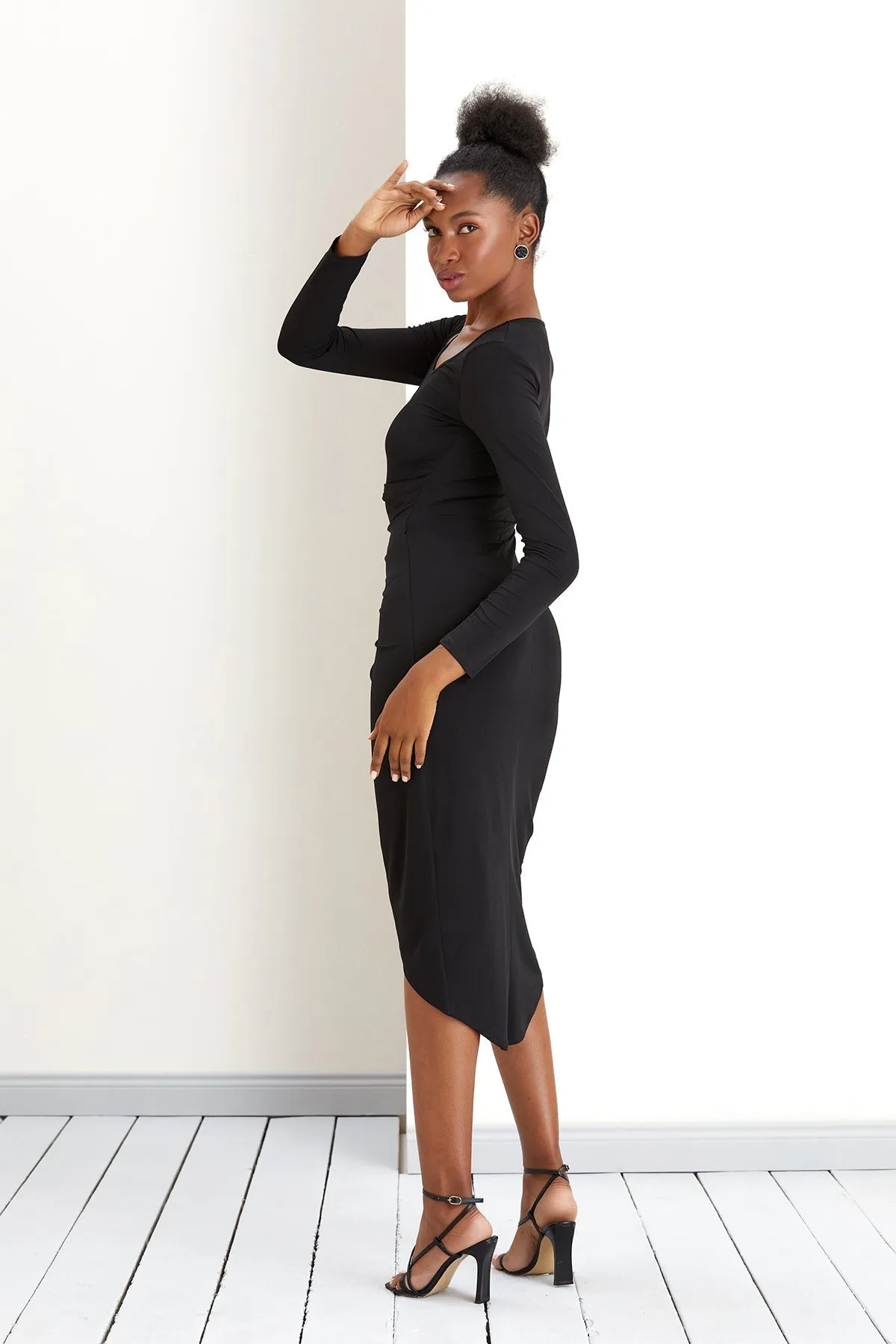 Black Glamour Cut Off Neckline Wrap Midi Dress