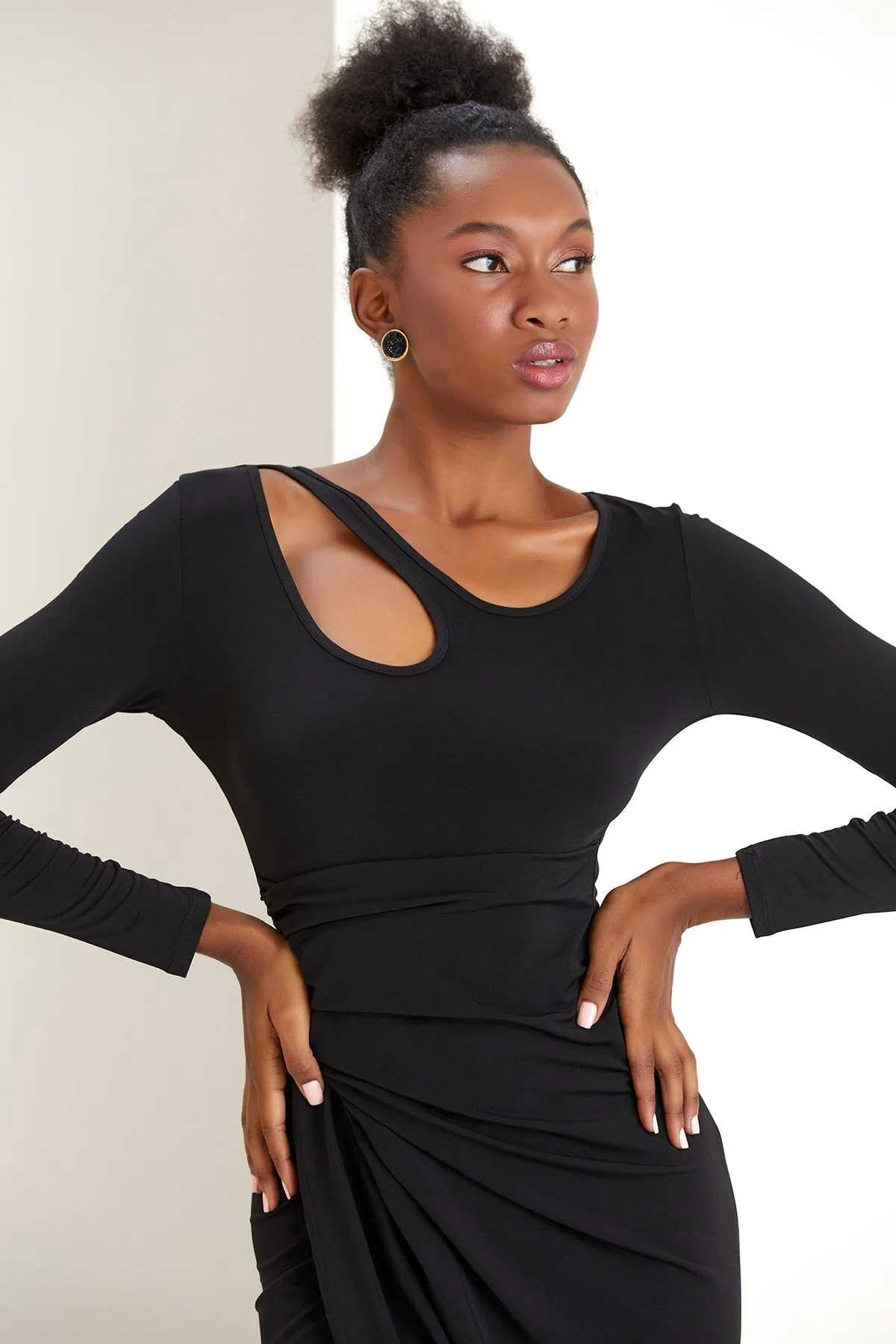 Black Glamour Cut Off Neckline Wrap Midi Dress
