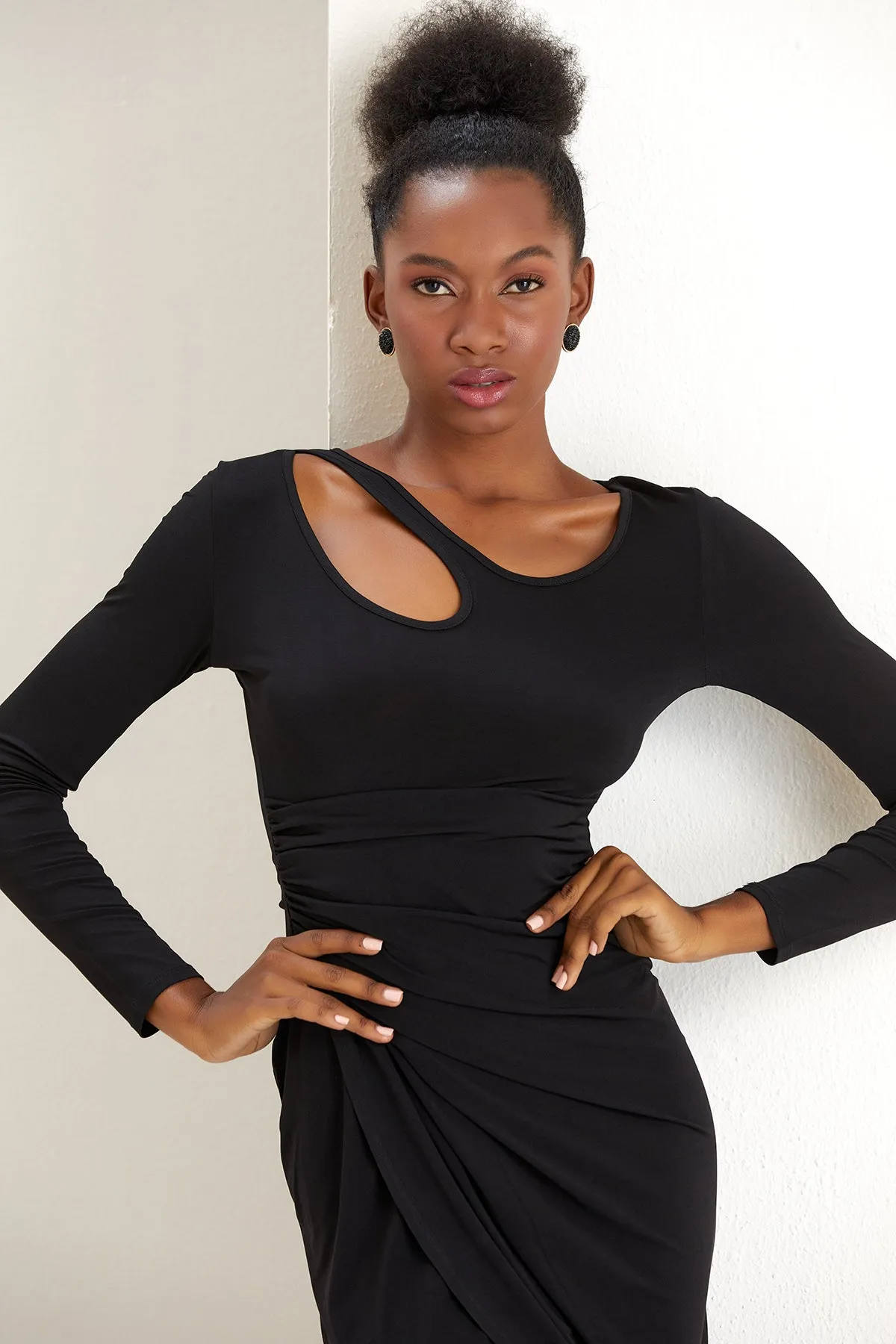Black Glamour Cut Off Neckline Wrap Midi Dress
