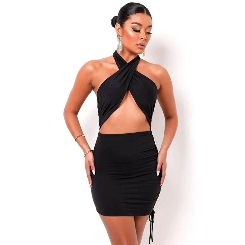 Black Halter Wrap Ruched Cutout Mini Dress