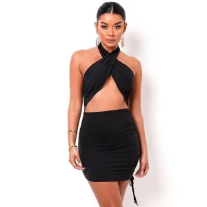 Black Halter Wrap Ruched Cutout Mini Dress