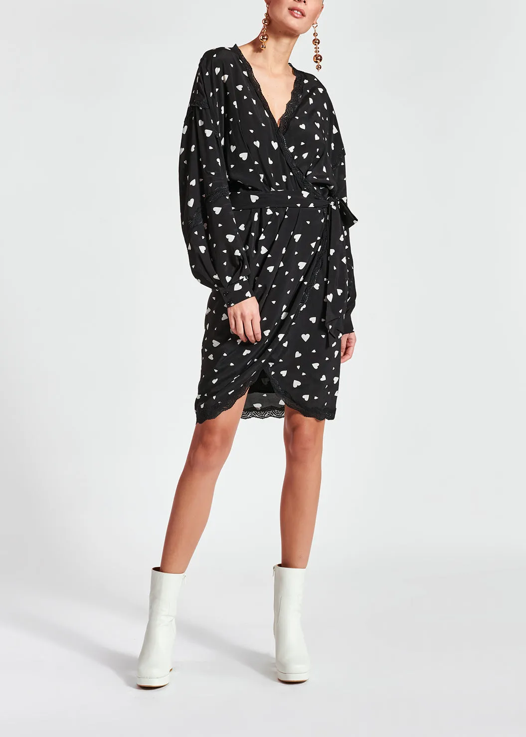Black heart-print mini wrap dress