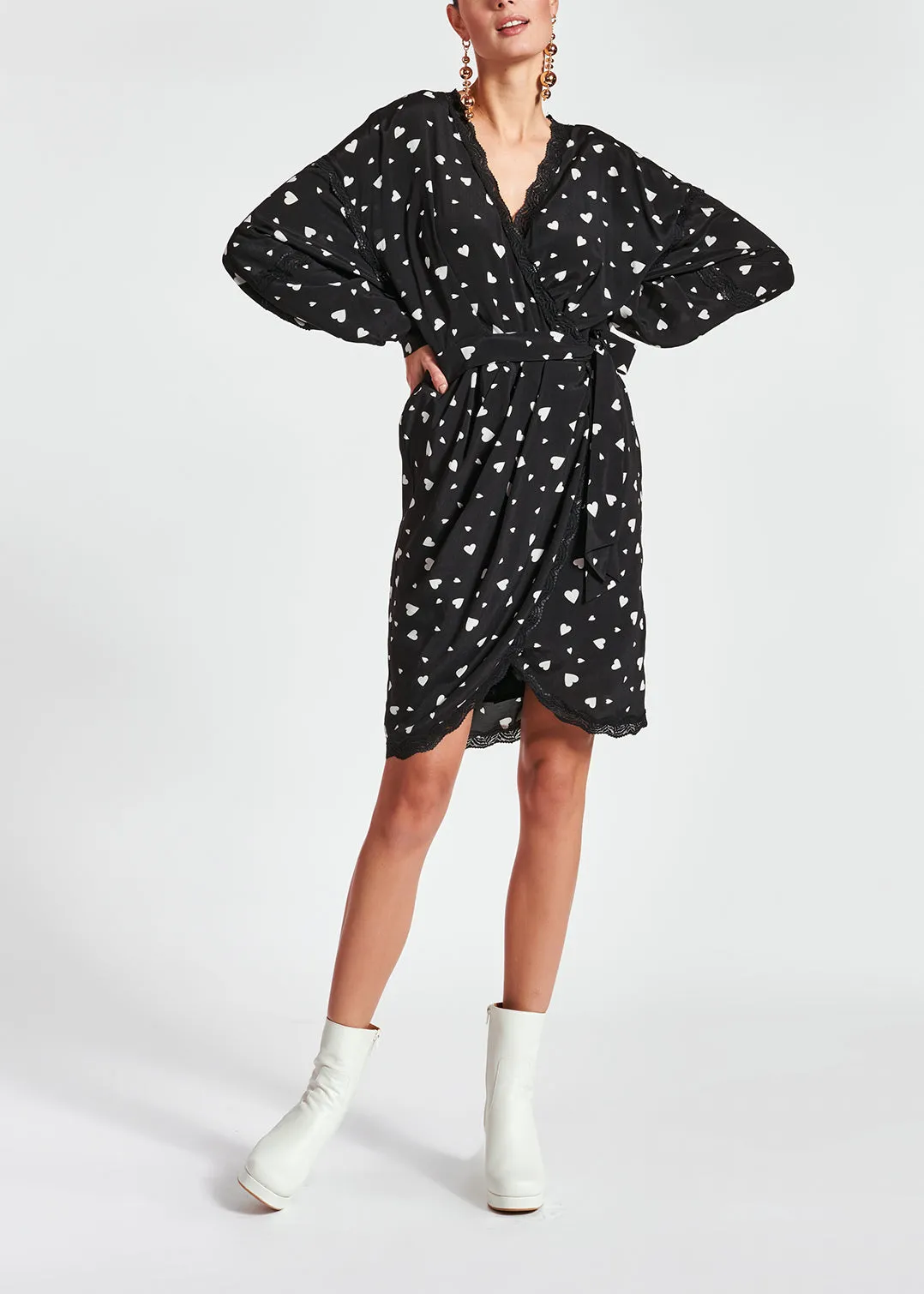 Black heart-print mini wrap dress
