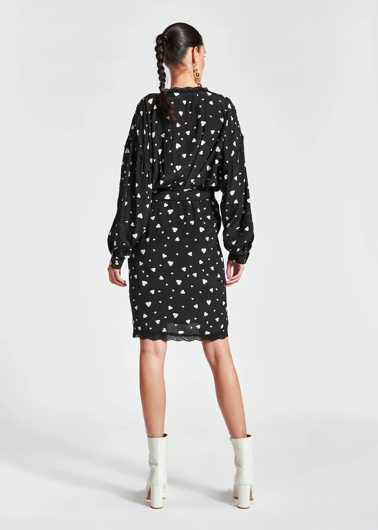Black heart-print mini wrap dress