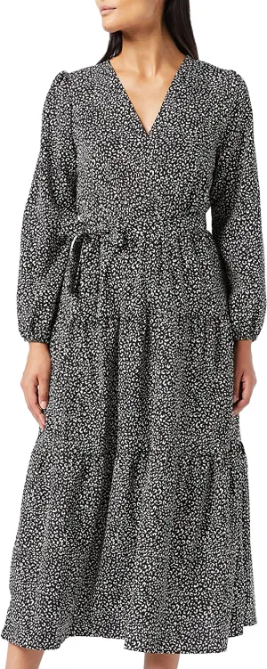 Black Leopard Boho Print Maxi Dress Ruffle Long Sleeve Wrap V Neck Casual A Line Flowy Party Long Dress with Belt - Find