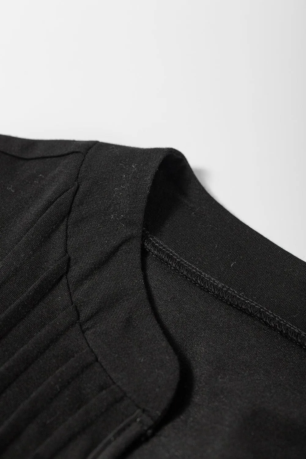 Black Notched Neck Puff Sleeve Pleated T Shirt Dress