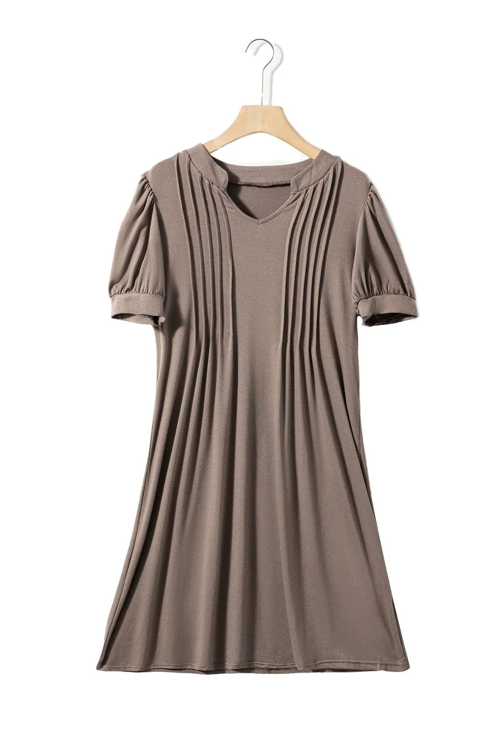 Black Notched Neck Puff Sleeve Pleated T Shirt Dress