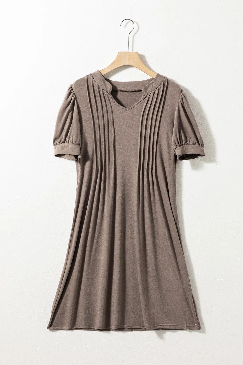 Black Notched Neck Puff Sleeve Pleated T Shirt Dress