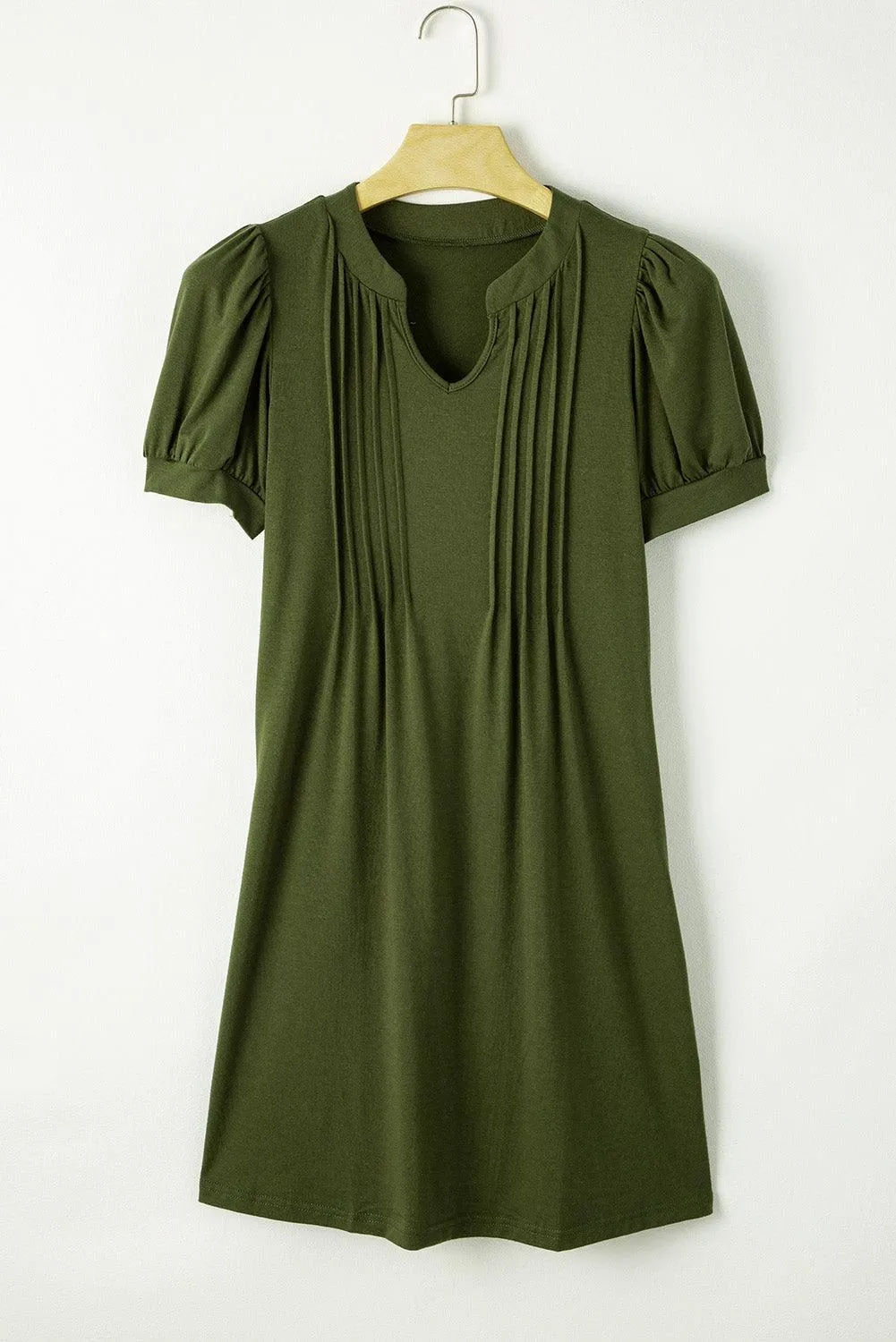Black Notched Neck Puff Sleeve Pleated T Shirt Dress