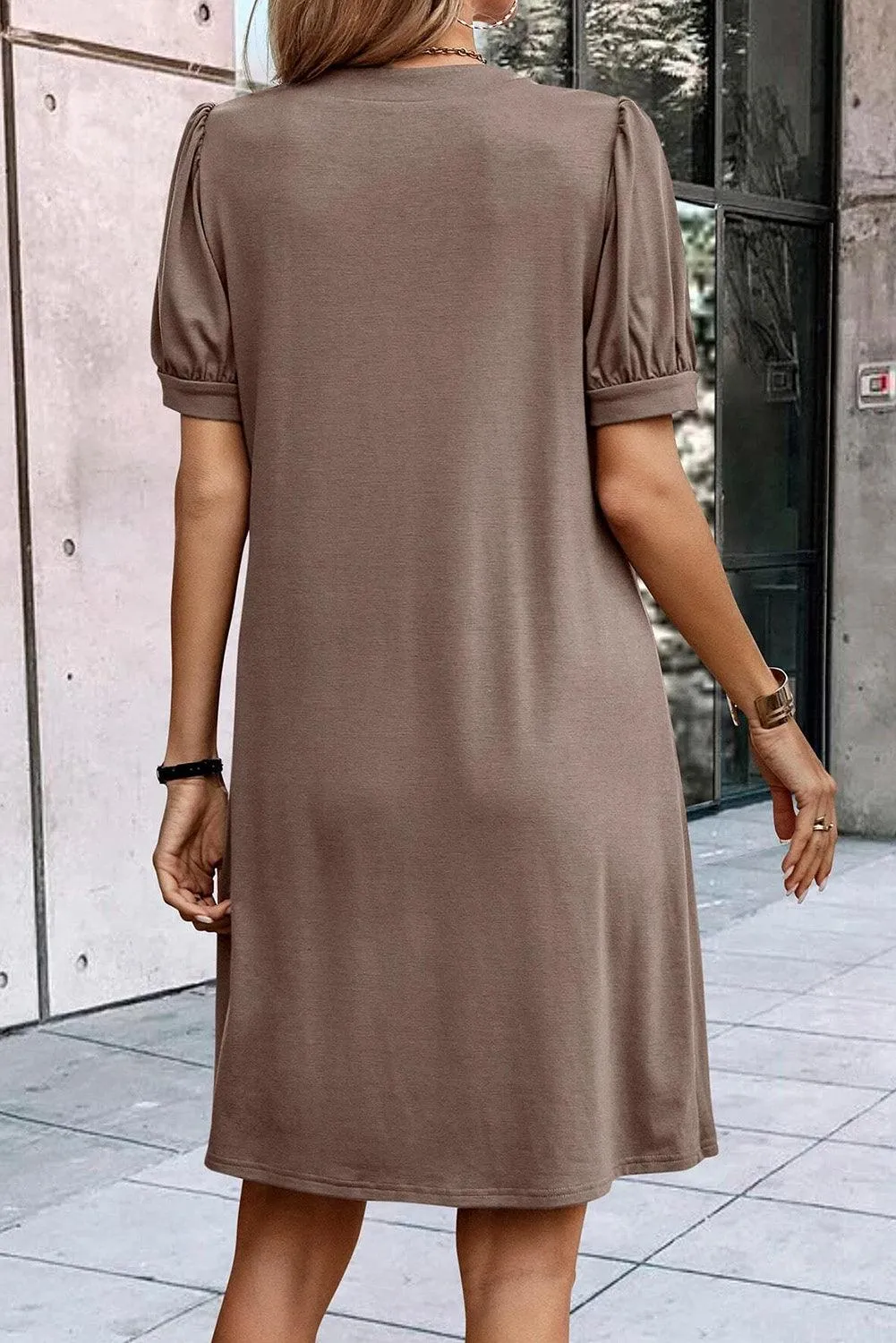 Black Notched Neck Puff Sleeve Pleated T Shirt Dress