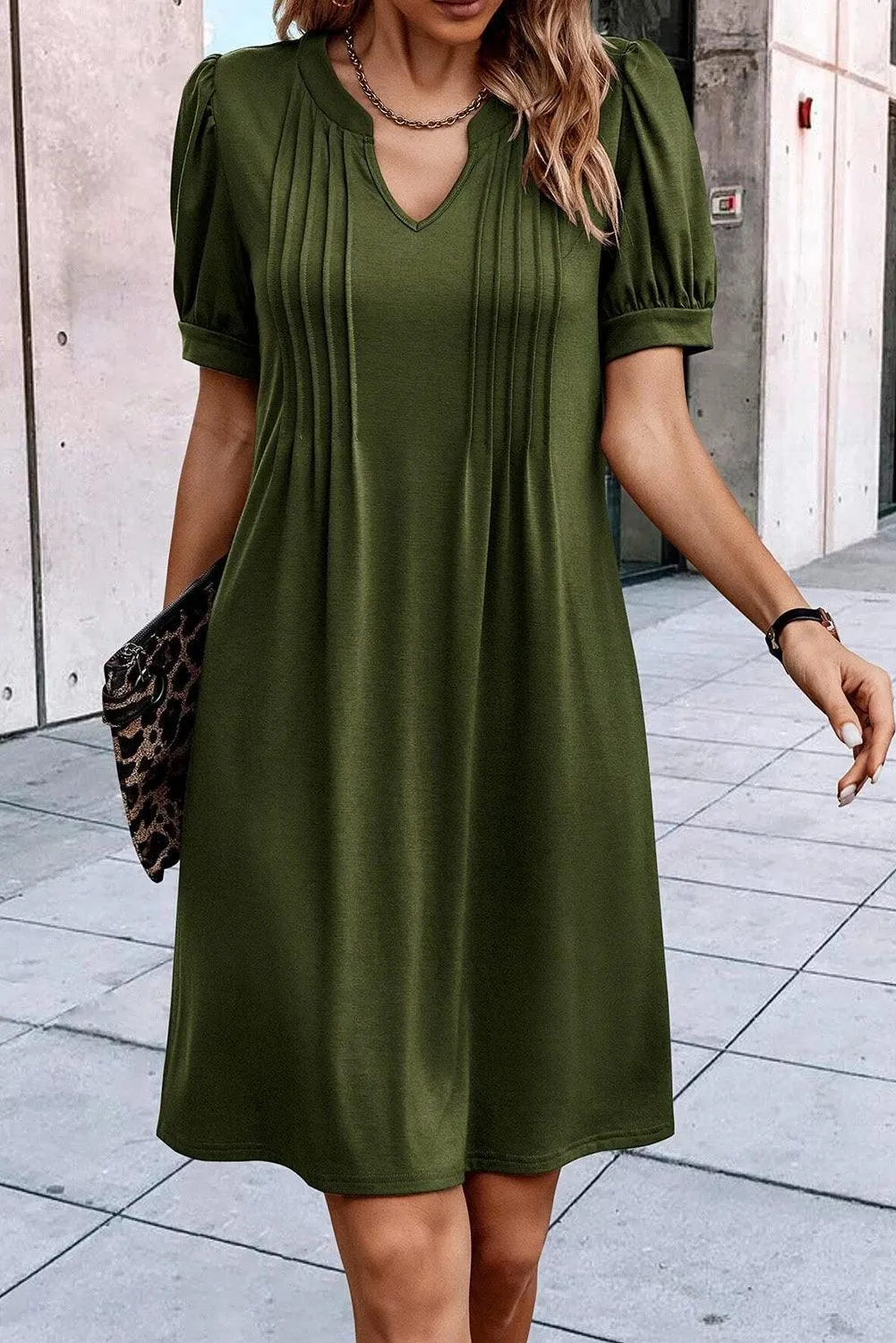 Black Notched Neck Puff Sleeve Pleated T Shirt Dress