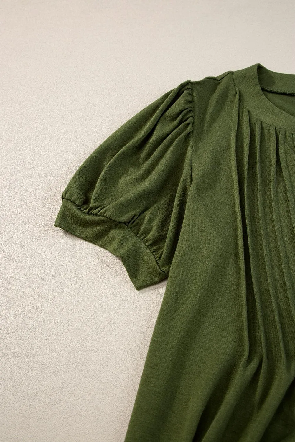 Black Notched Neck Puff Sleeve Pleated T Shirt Dress