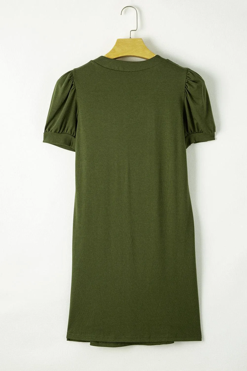 Black Notched Neck Puff Sleeve Pleated T Shirt Dress