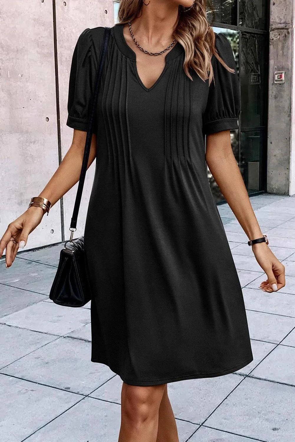 Black Notched Neck Puff Sleeve Pleated T Shirt Dress