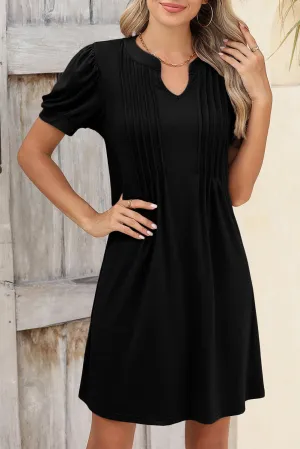 Black Notched Neck Puff Sleeve Pleated T Shirt Dress