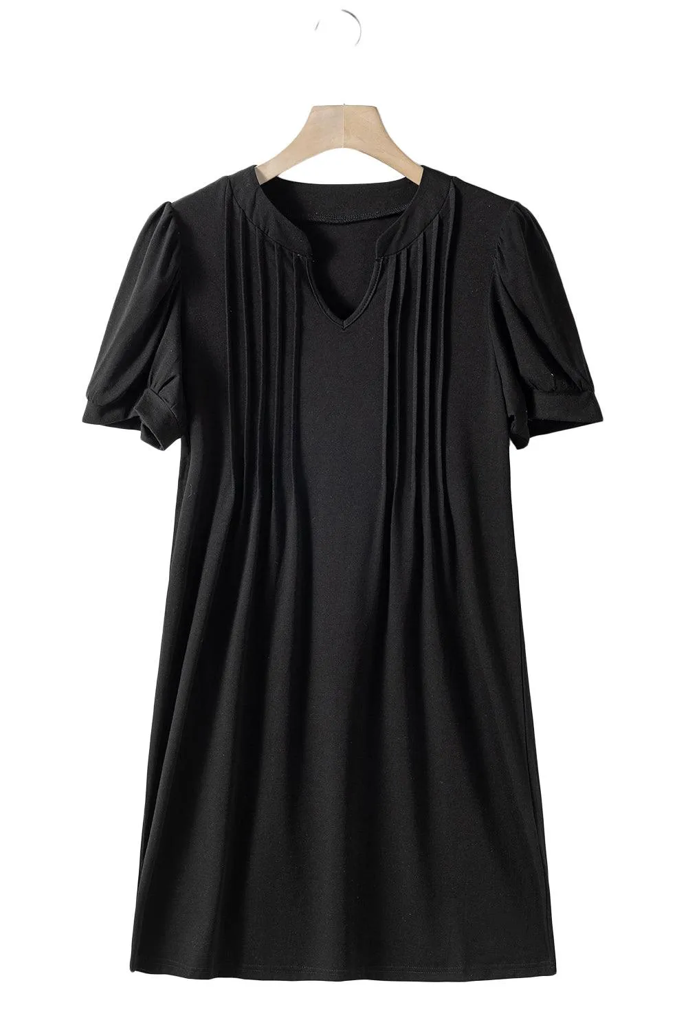 Black Notched Neck Puff Sleeve Pleated T Shirt Dress