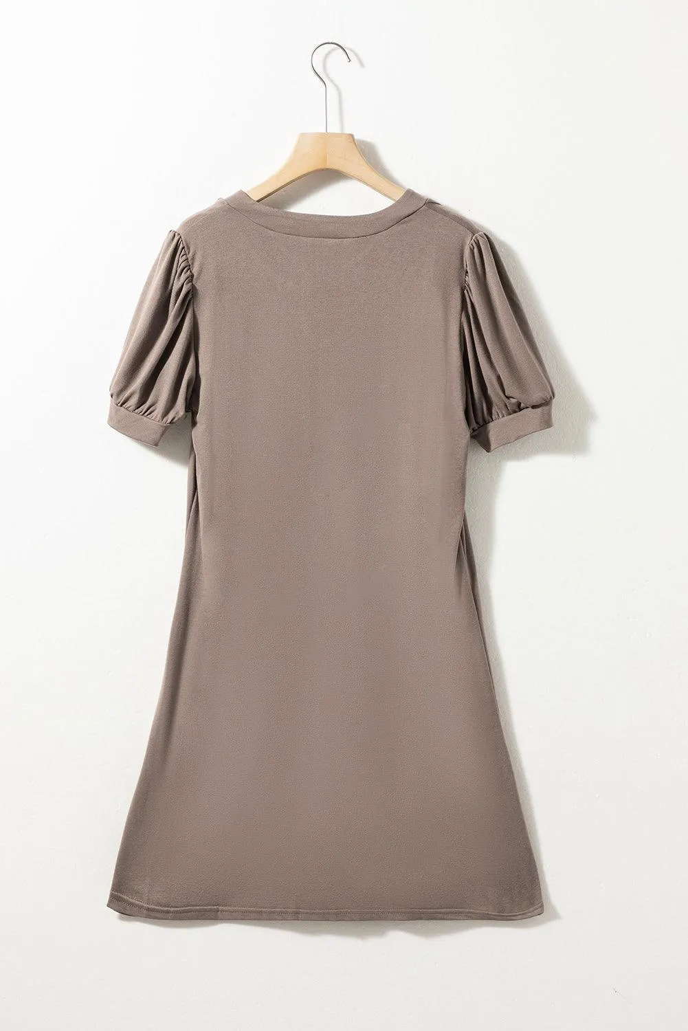 Black Notched Neck Puff Sleeve Pleated T Shirt Dress