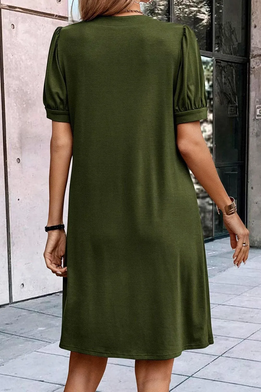 Black Notched Neck Puff Sleeve Pleated T Shirt Dress