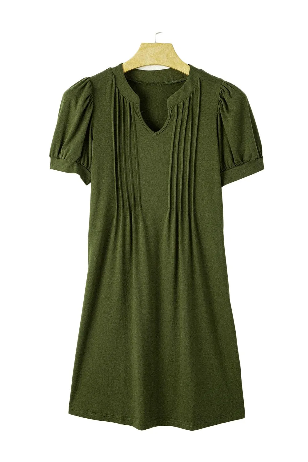 Black Notched Neck Puff Sleeve Pleated T Shirt Dress