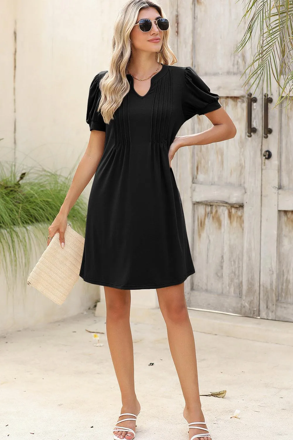 Black Notched Neck Puff Sleeve Pleated T Shirt Dress