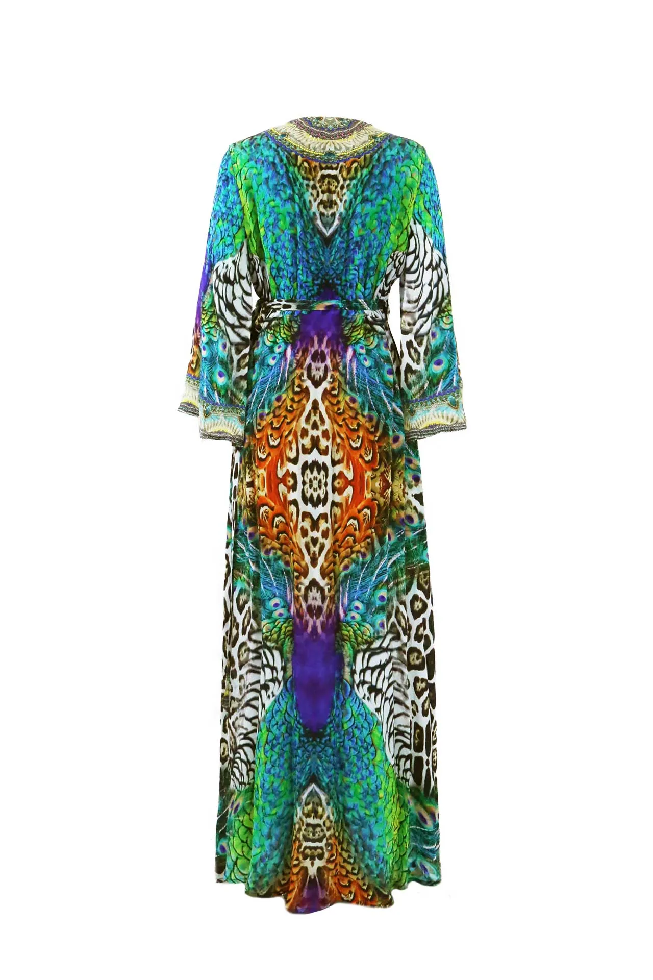 Black Peacock Print Wrap Dresses With Sleeves