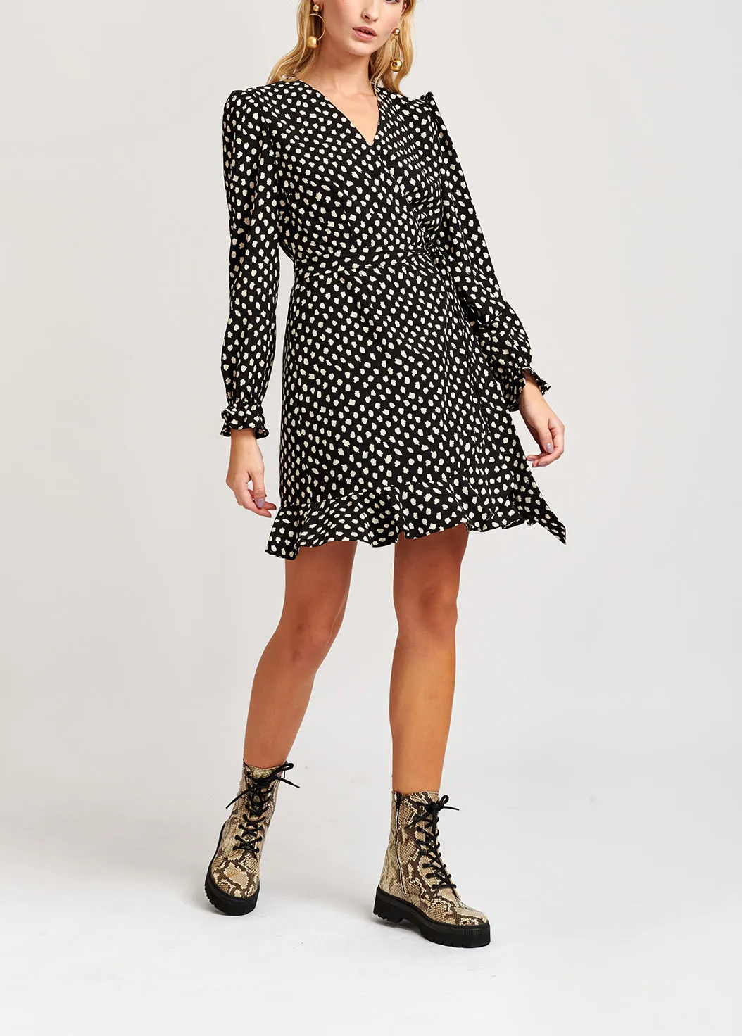 Black polka dot wrap mini dress