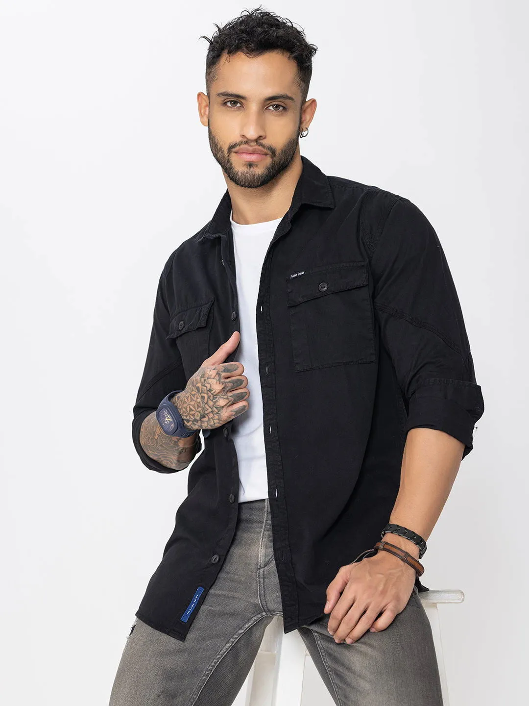 Black utility shirt double pockets