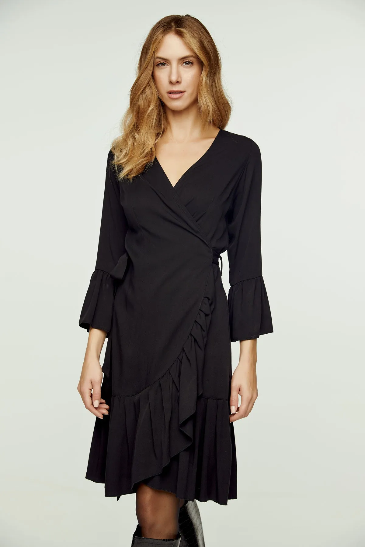 Black Wrap Dress Viscose with bell sleeves.