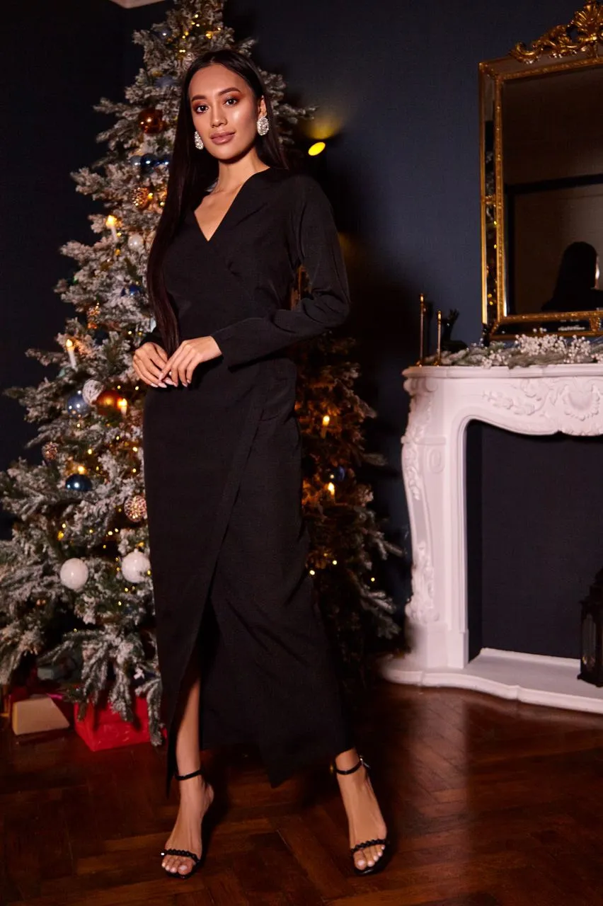 Black Wrap Long Sleeve Collarless Maxi Dress