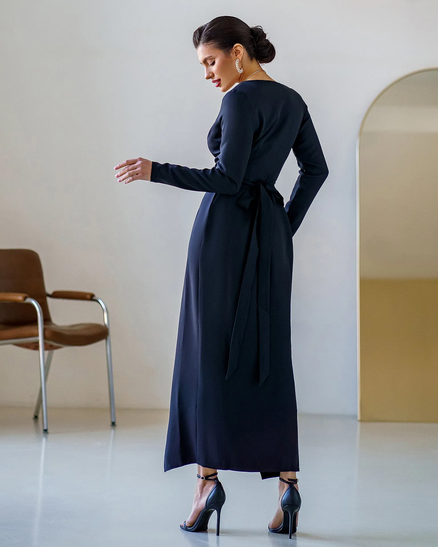 Black Wrap Long Sleeve Collarless Maxi Dress