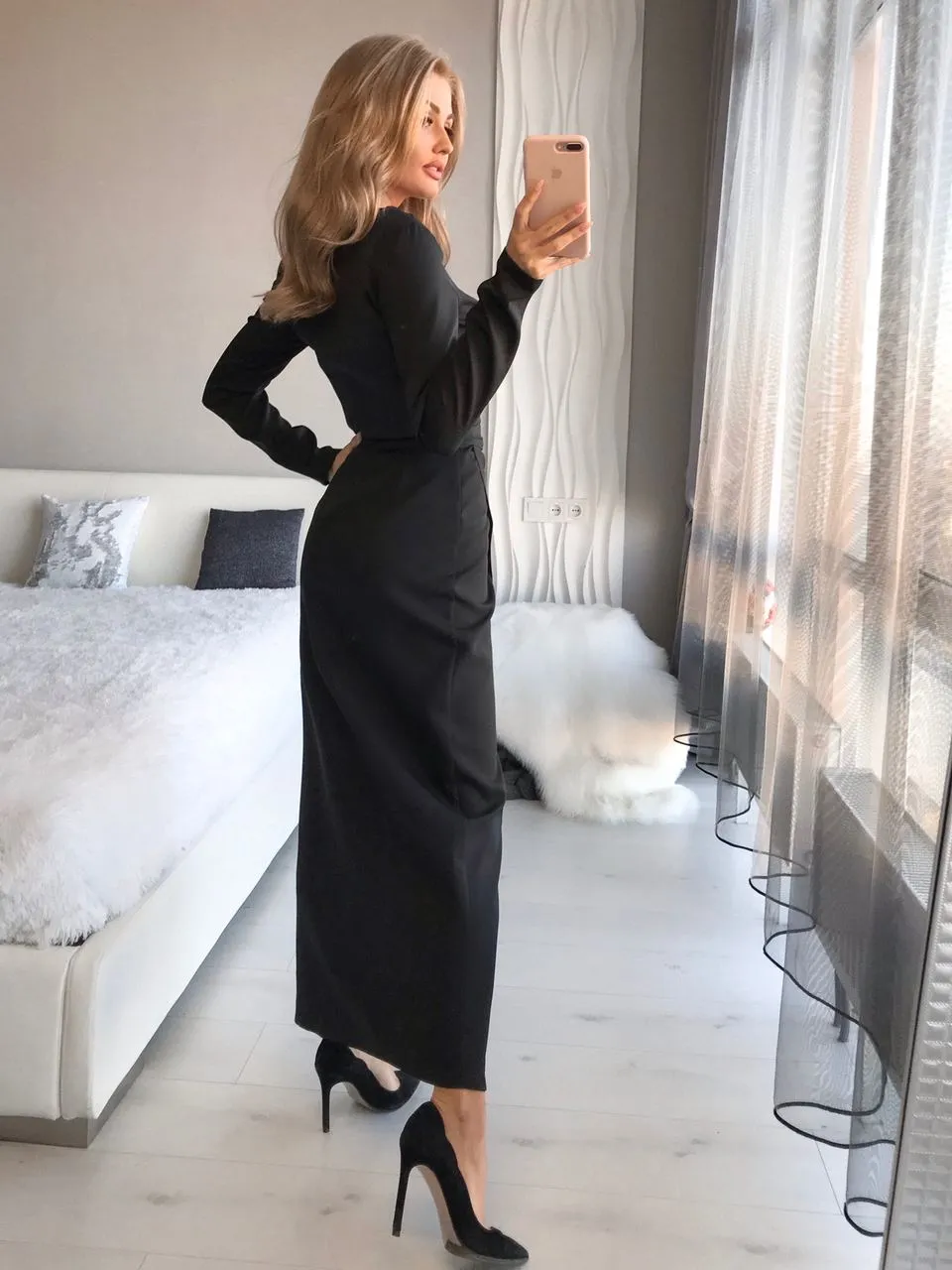 Black Wrap Long Sleeve Collarless Maxi Dress