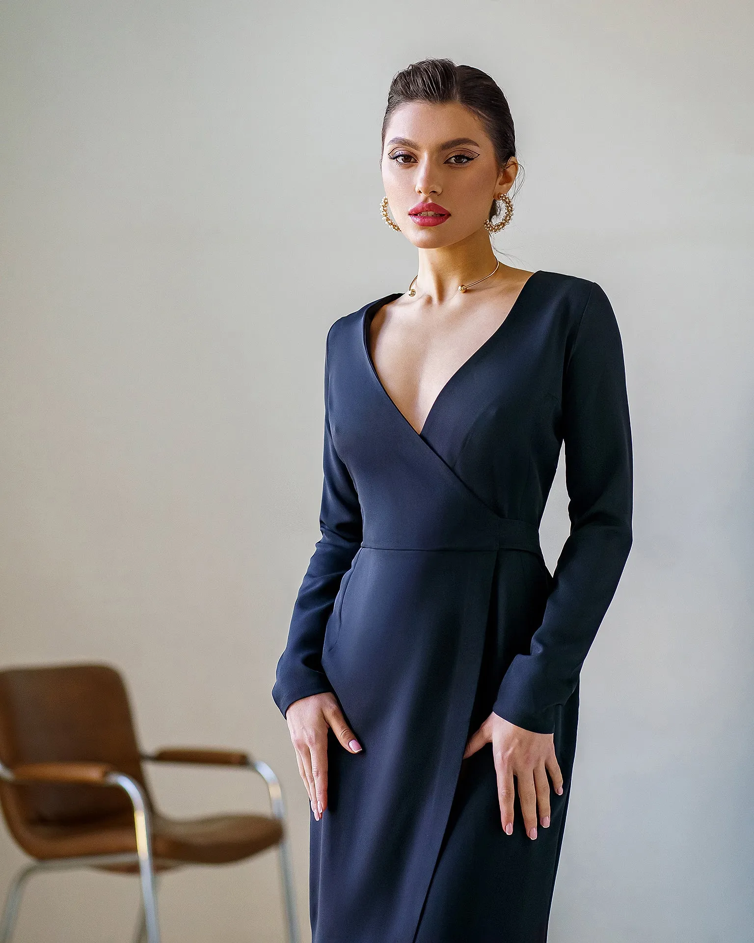 Black Wrap Long Sleeve Collarless Maxi Dress