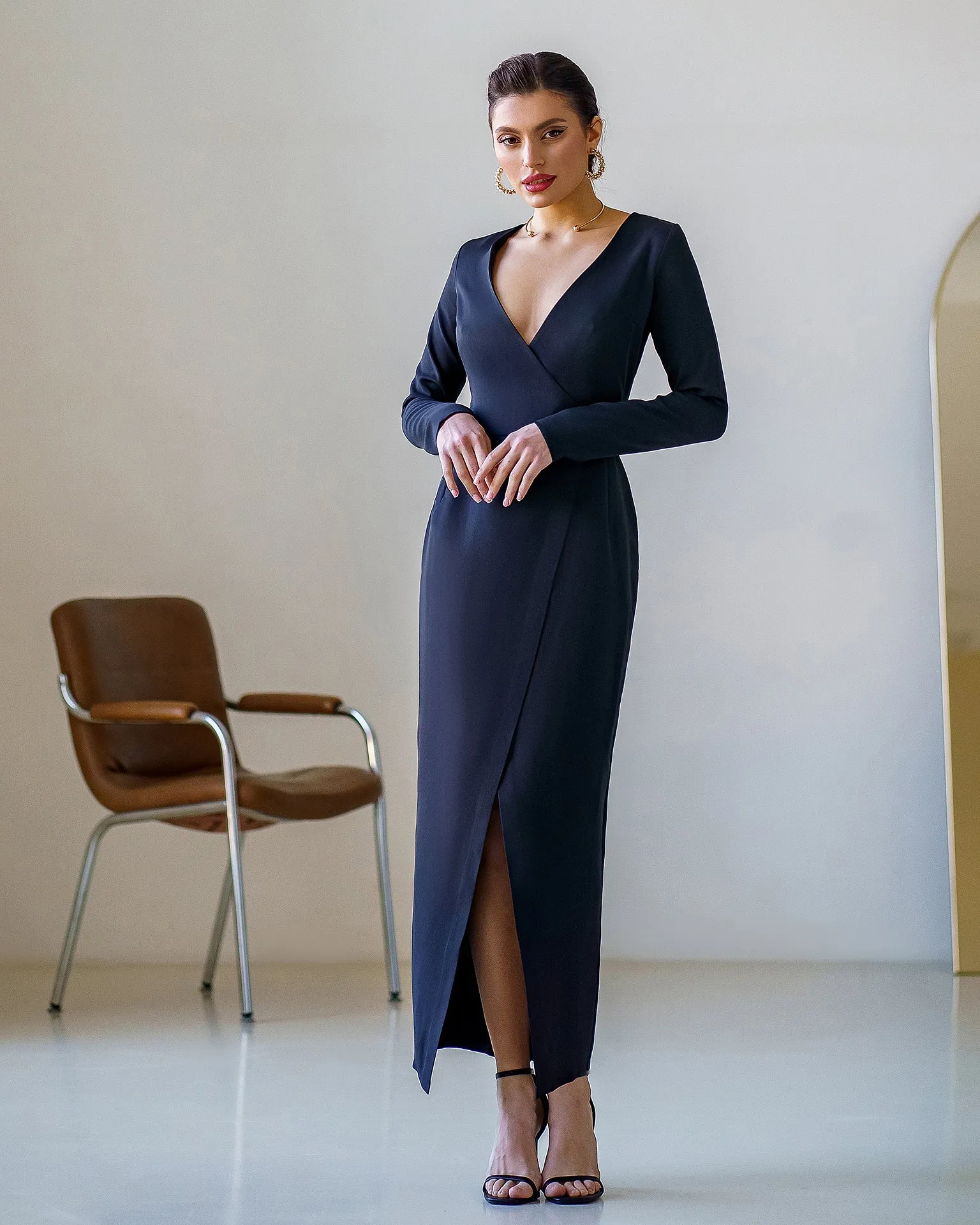 Black Wrap Long Sleeve Collarless Maxi Dress