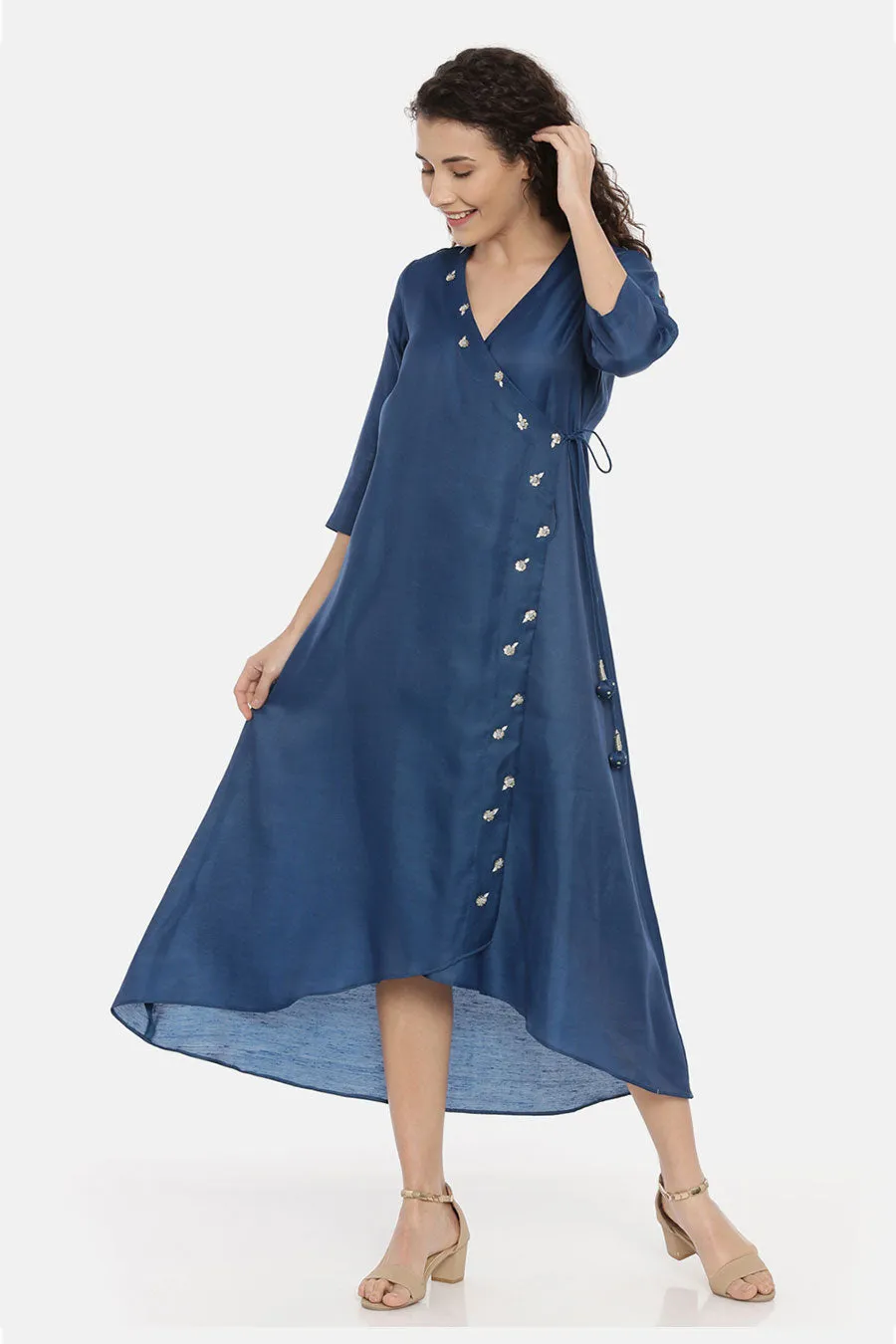 Blue Embroidered Wrap Dress