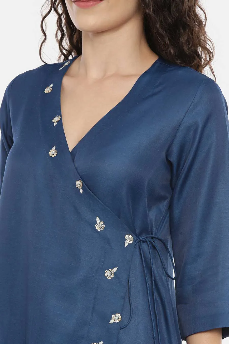 Blue Embroidered Wrap Dress