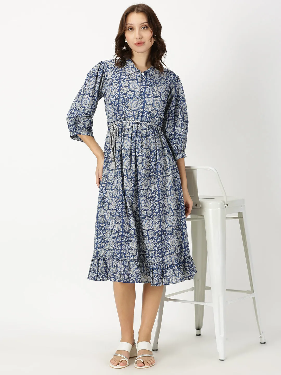 Blue Floral Print Boho Midi Dress with Belt