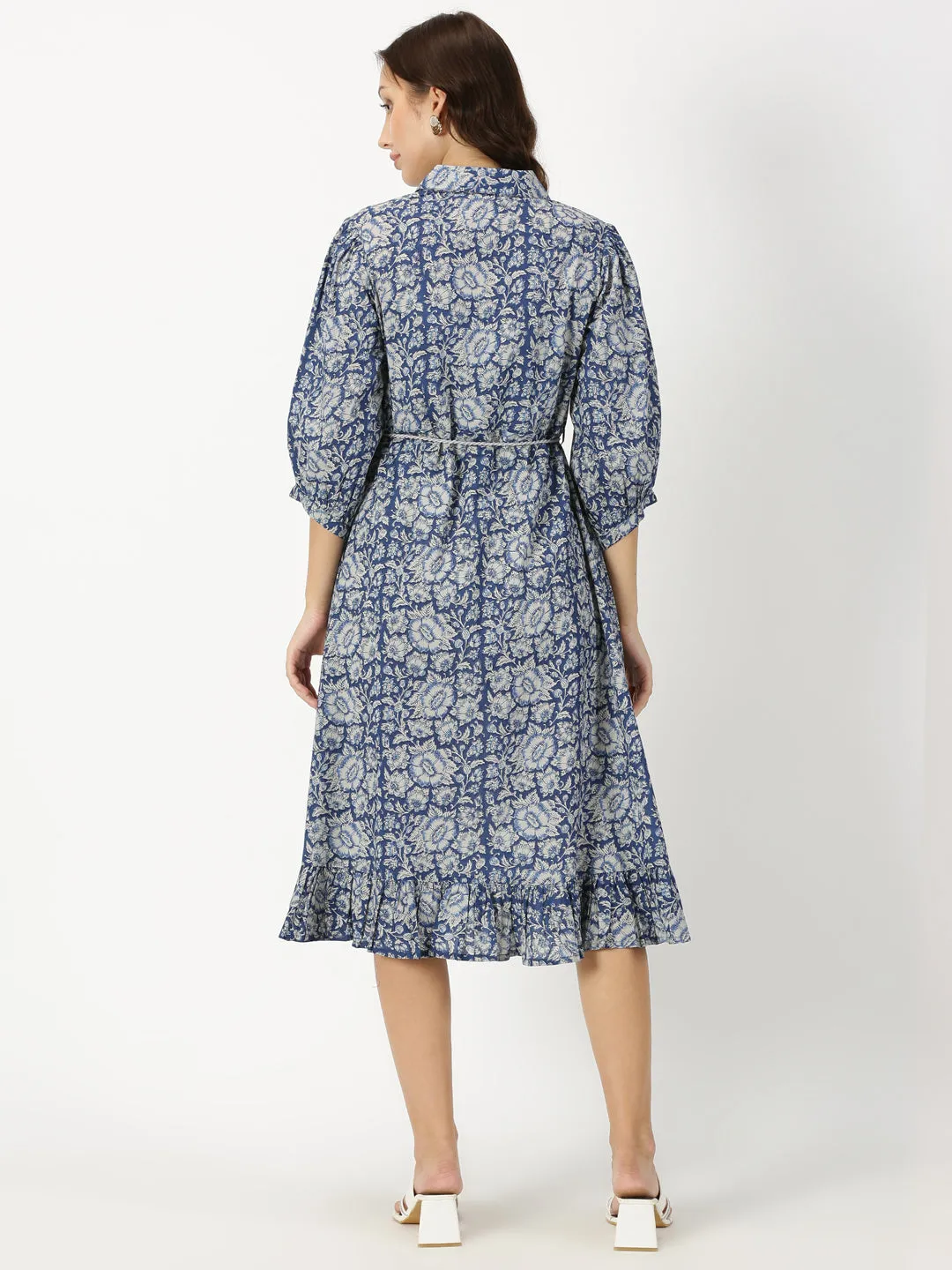 Blue Floral Print Boho Midi Dress with Belt