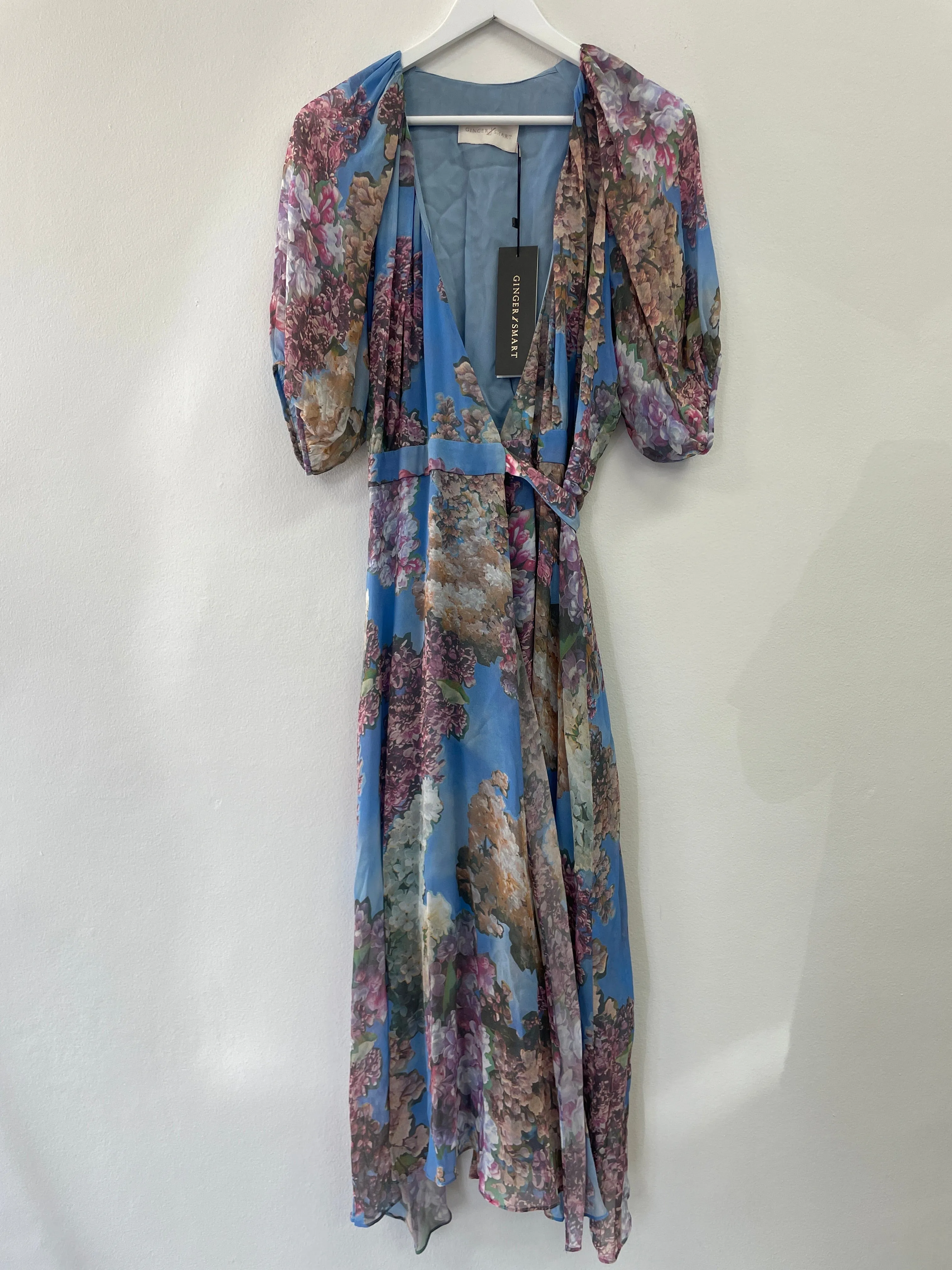 Blue Floral Silk Wrap Dress